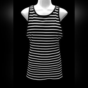 White House Black Market Forme Ribbed Black White Striped Tank Top Large Stretch